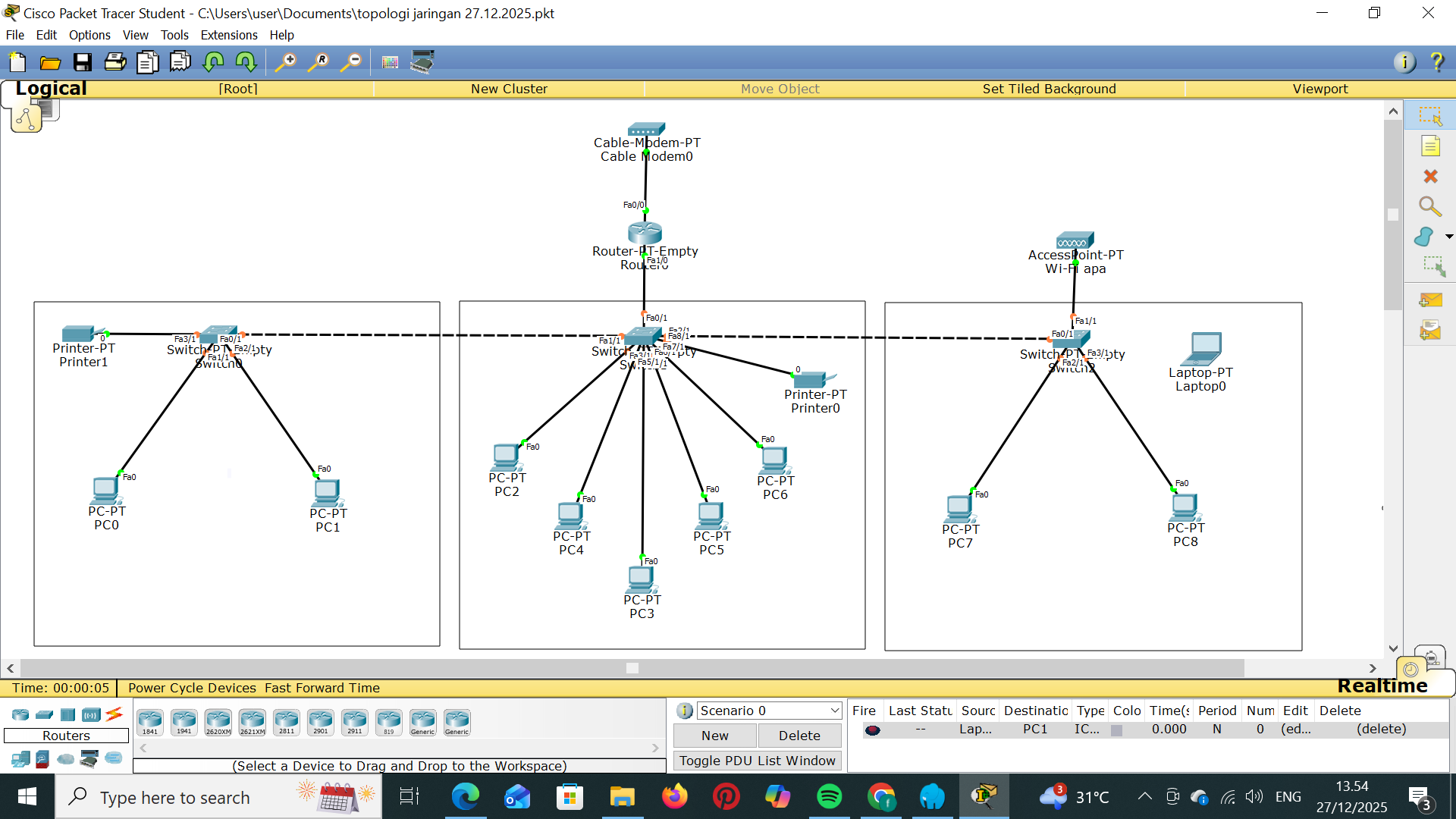 Minggu ke-4 PKL SMK N 1 Wanayasa Melakukan Pembangunan Infrastruktur Jaringan Menggunakan Cisco Packet Tracer di GriyaSoft